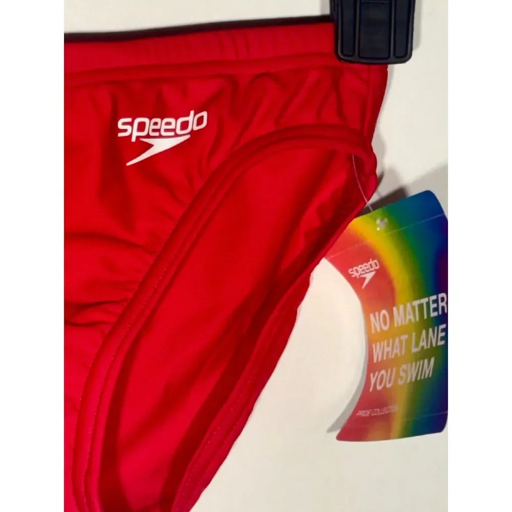 Speedo PowerFLEX Eco Pride Collection Red Rainbow Swim Brief Men's Size 26 NWT